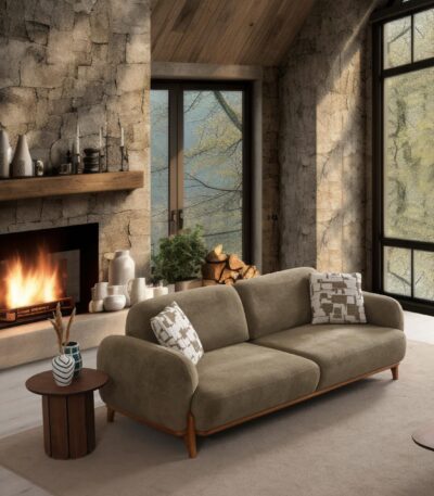 Modern fabric sofa in neutral colors at WoonlyHome Enschede