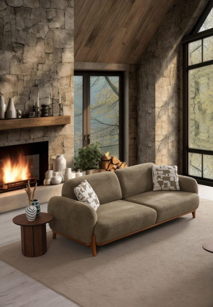 Modern fabric sofa in neutral colors at WoonlyHome Enschede