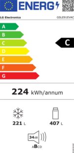 LG GSLE91EVAC Amerikaanse koelkast 628L met water- en ijsdispenser zonder leidingwerk - UVnano (99,99% bacteriën) - DoorCooling+ voor sneller koelen - ThinQ slimme bediening, stille en zuinige Smart Inverter. Energieklasse C - Afbeelding 2